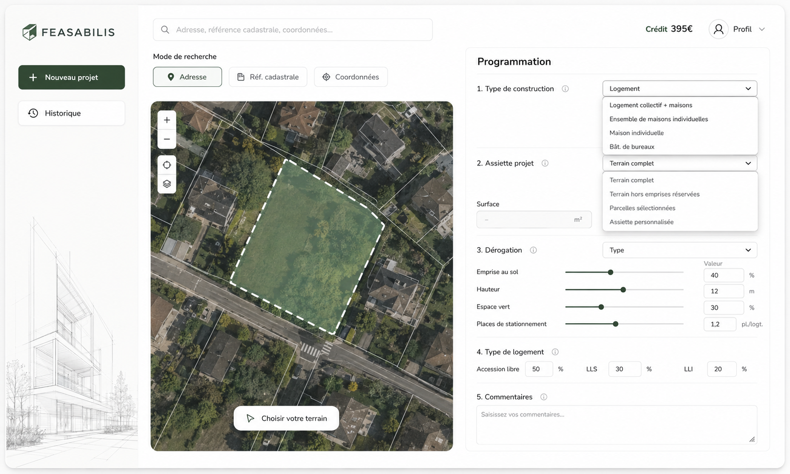 Sélection du terrain dans Faisabilis